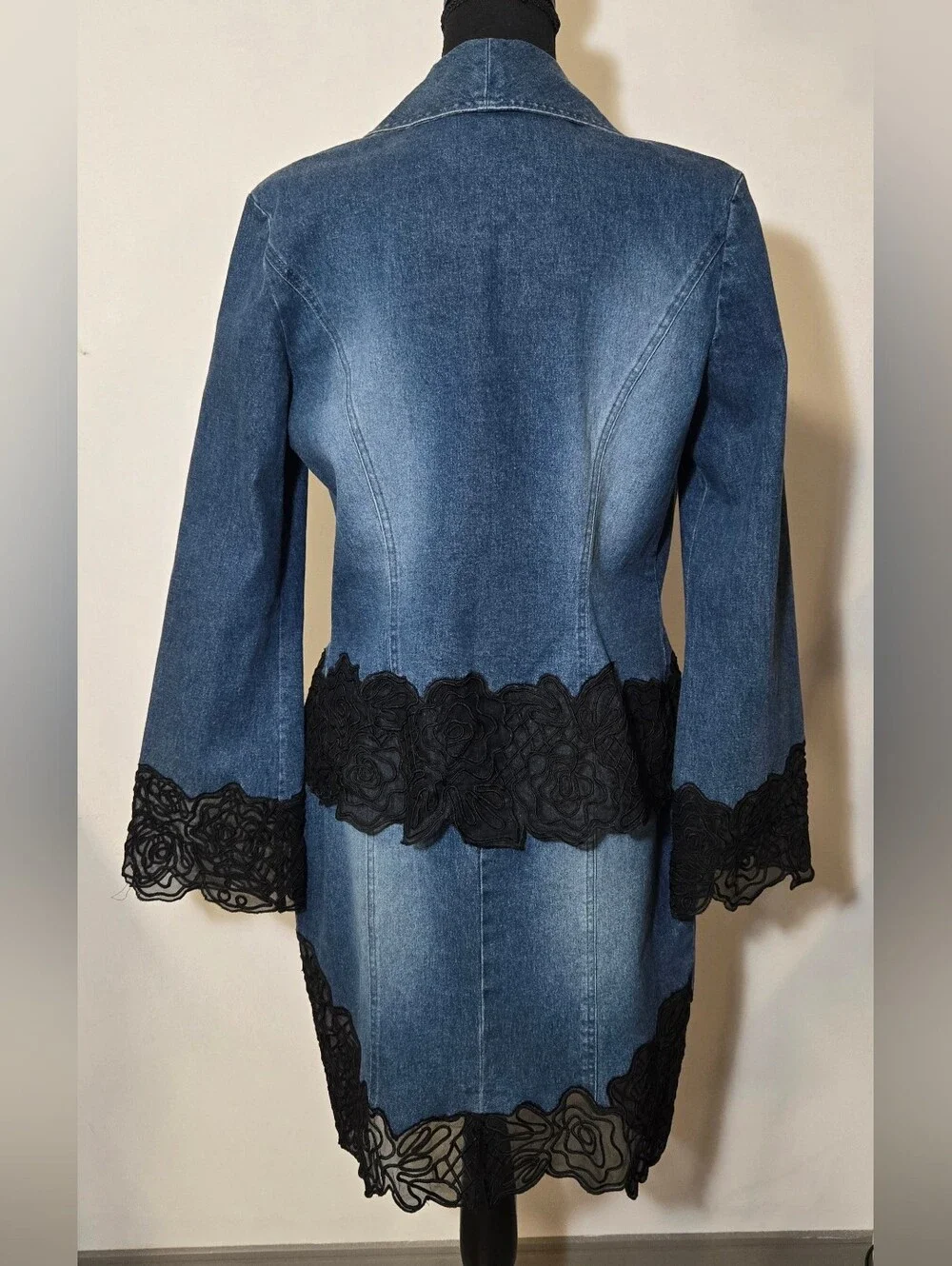 Basix II, Blue Denim Jacket & Skirt Set with Black Lace Trim